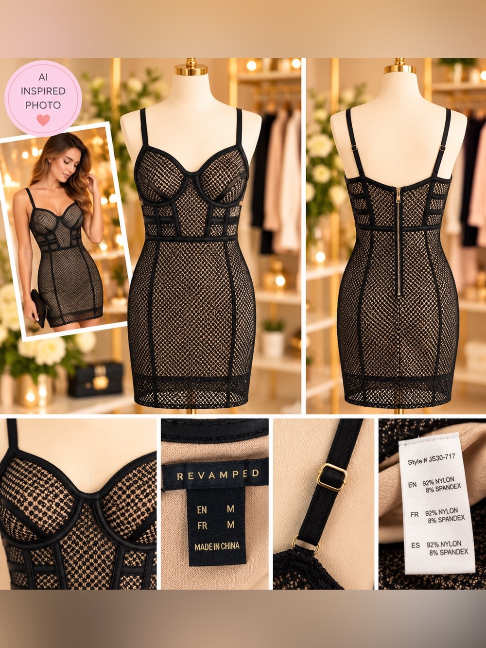 Revamped Black Lace Mesh Corset-Style Bodycon Chemise Size M